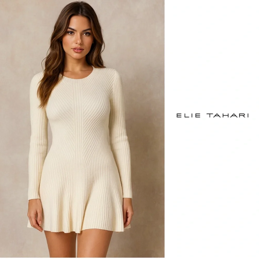 NEW Elie Tahari Cream Ribbed Long Sleeve Dress in Winter White - Picture 1 of 11